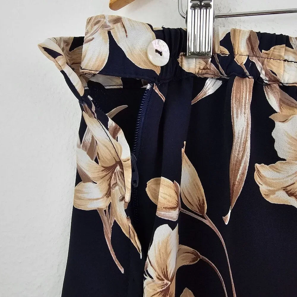 American Vintage Floral Lili Midi Skirt Sz 26W Navy Taupe Casual Work Boho Retro